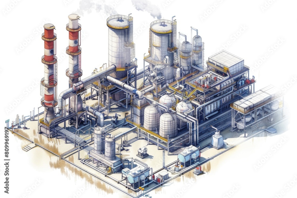 Detailed drawing of a factory with numerous pipes, suitable for industrial concepts