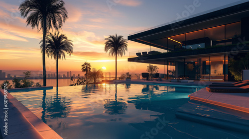 A modern mansion with a beautiful infinity pool and sunset, with sun loungers next to the pool, pool, swimming, luxury, summer, swimming pool, house, architecture, home photo