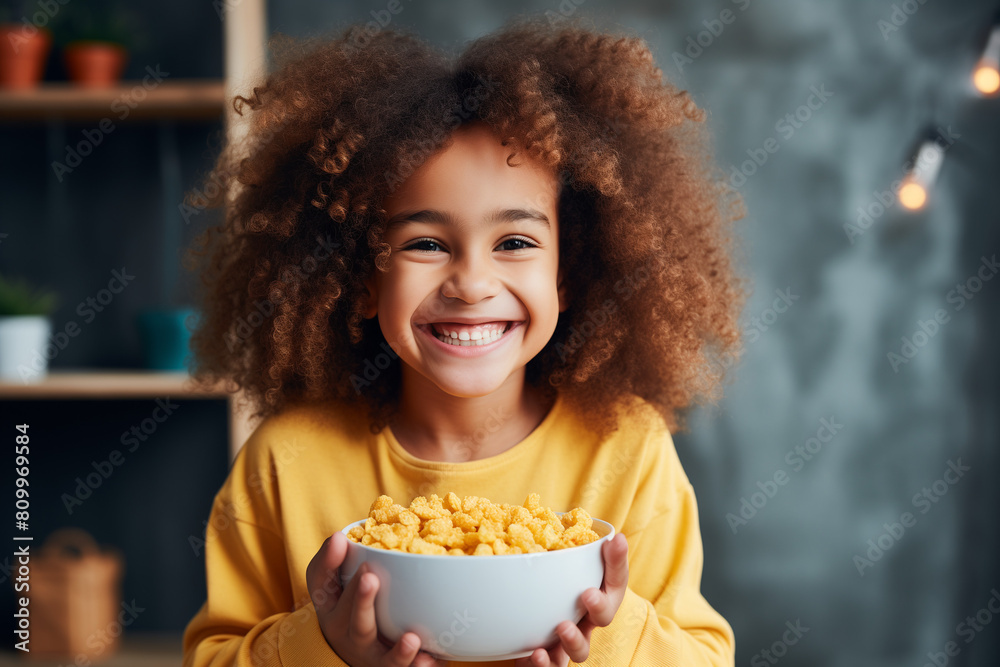 Naklejka premium Portrait of a happy, cute kid, curly girl smiling at camera at kitchen at bright home. 