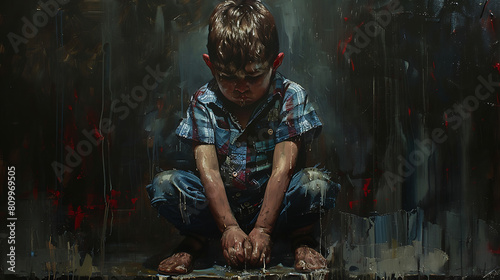 A somber boy sits with bowed head on a step, conveying melancholy. The subdued atmosphere suggests introspection or sadness, evoking empathy or reflection.