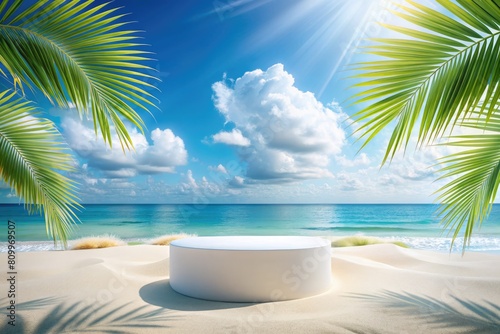 White podium on the beach with palm leaves.