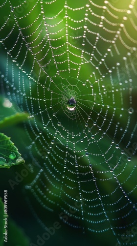 Elegant photo capturing dewdrops on a spider web, enhanced with kirakira effects against a soft, blurred green background.