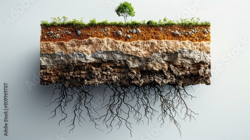 A minimalist image of a vertical earth slice showcasing detailed soil layers with embedded roots and small rocks, set against a plain white background for clear visibility.