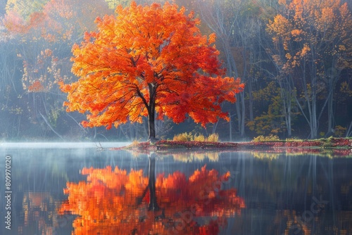 Autumn landscape  tree on the lake shore
