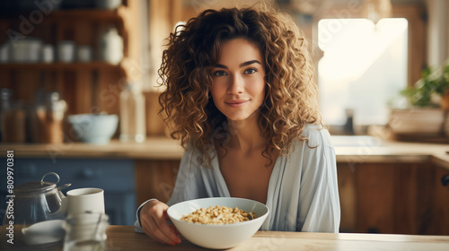 portrait of a woman in a kitchen. Young fun smiling european happy housewife woman wear casual clothes look aside eat breakfast muesli, cereals with milk, fruit in bowl. cooking food in home photo