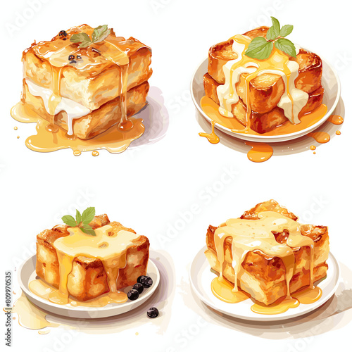 Delicious dessert illustrations featuring sweet pastries with honey drizzle and garnishes, perfect for culinary, food, or creative design projects.