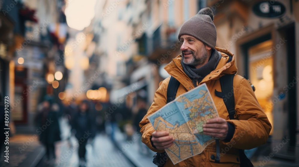 A travel enthusiast strolling through a crowded city street, referring to a paper map for directions.