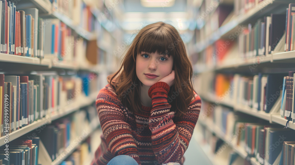 Woman Sitting on Floor in Library Woman Sitting on Floor in Library