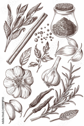 Hand drawn spices. Vanilla and pepper, cinnamon and garlic, isolated vector set photo
