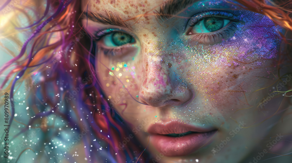 Close portrait of a beautiful mermaid girl with magical makeup