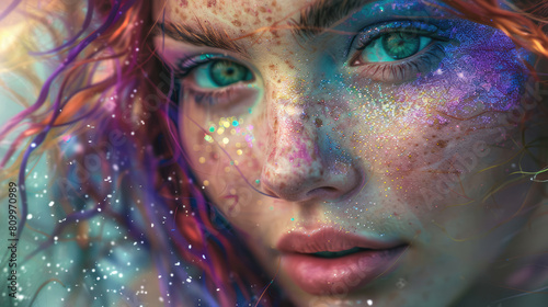 Close portrait of a beautiful mermaid girl with magical makeup