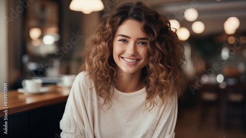 portrait of a woman in a kitchen. Young fun smiling european happy housewife woman wear casual clothes look aside eat breakfast muesli, cereals with milk, fruit in bowl. cooking food in home