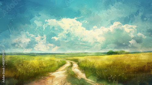 Rustic farmland with lush fields and a winding rural lane under the bright sun, featuring a unique artistic portrayal with textured brush strokes, created using advanced AI technology. photo