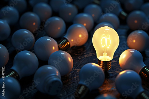 One illuminated light bulb in a group of dim ones, highlighting the concept of bright ideas leading the way 