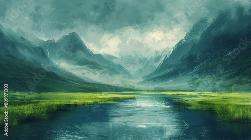 The serene landscape of lush meadows alongside a winding river and towering peaks, depicted in an artistic painting with a textured brushstroke effect, created using artificial intelligence. photo