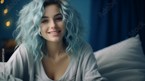 Woman listening to music. Smiling hipster gen z teen girl with blue hair watching tv movie sitting in bed, holding remote control, eating chips snack. Teenager relaxing watching television. Hipster