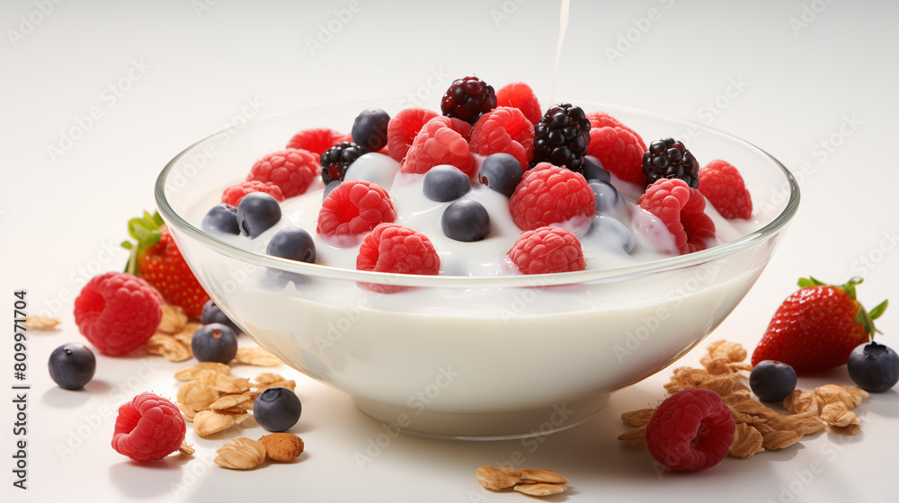 muesli, fruit salad with berries and yogurt. milk pour on a healthy cereal bowl filled with fruit and nuts, professional food photo menu