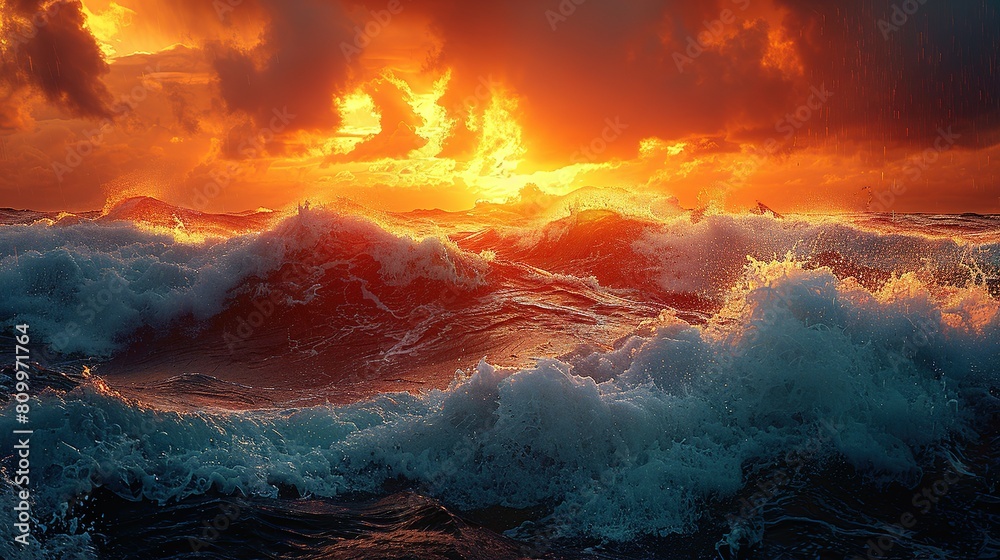 Naklejka premium Rough sea at sunset copy space for text