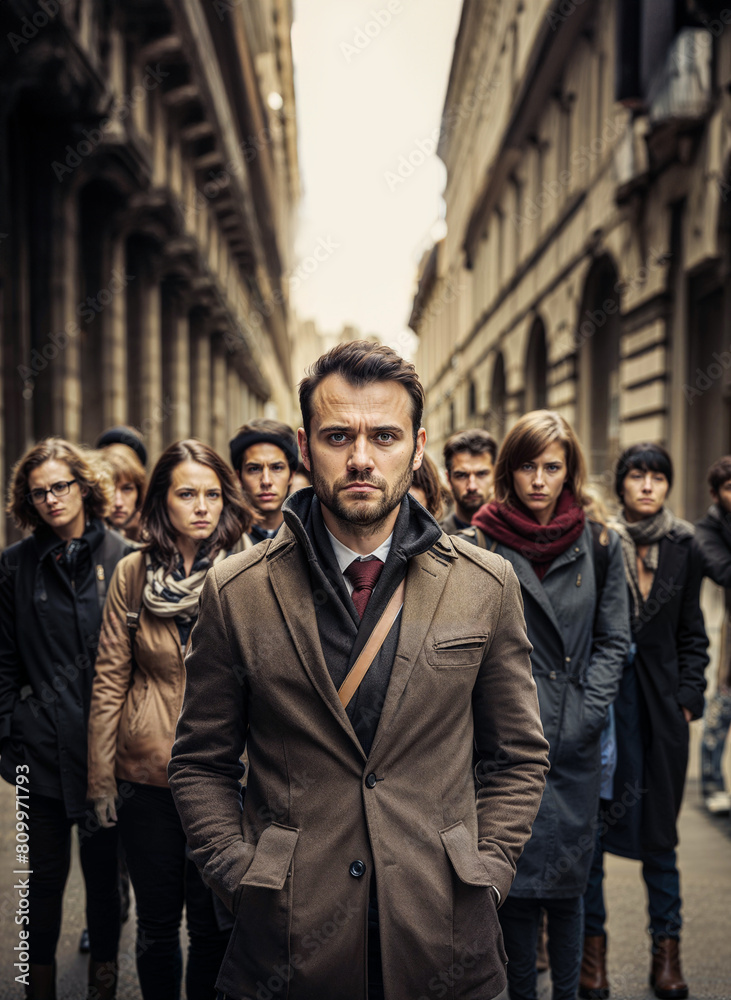 Group of annoyed people standing together outside in the street Group of annoyed people standing together outside in the street