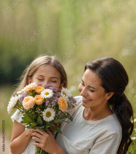 a happy mother is holding a bouquet of flowers from her daughter. Mother's Day poster with copy space