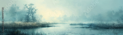 An oil painting depicting a misty marshland in a unique artistic style, with texture created by bold brushstrokes, generated using AI technology.