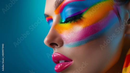 Closeup of a woman showcasing colorful rainbow makeup, radiating beauty and artistic expression © alphaspirit