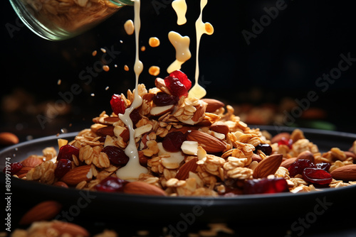 a bowl of muesli. Handful of Crispy Granola Cereals Falling Down in a Batch in Slow Motion and Macro