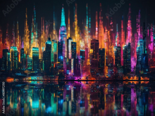 Digital urban tapestry, Abstract glitch art weaves through the colorful cityscape.