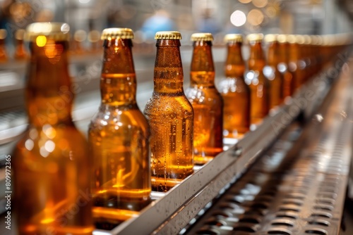 Bottles of beer on a conveyor belt at a brewery