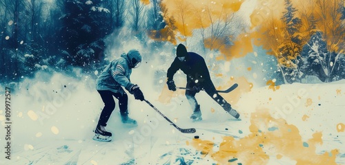 Friends Playing Hockey in a Snow-Covered Landscape