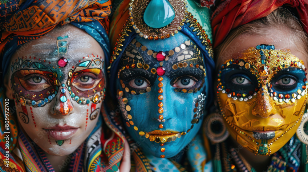 variously painted faces of girls symbolizing the diversity of cultures, banner