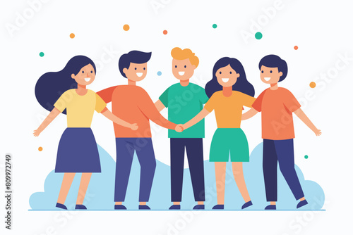 Friendship day banner or card template with group of friends or mates holding hands, chatting and hugging. People communications and frienfly relationships. Flat vector