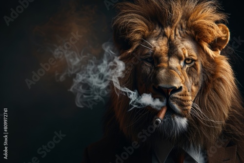Leo business leader in a business suit smokes a cigar