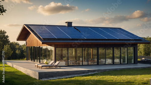 Dive into renewable energy, Modern house embraces photovoltaic solar panels for sustainability.