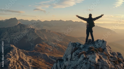 A man standing on top of a mountain with his arms outstretched. Great for outdoor and adventure concepts
