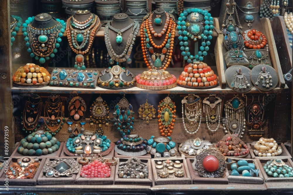 Colorful jewelry, beads and bracelets on the market