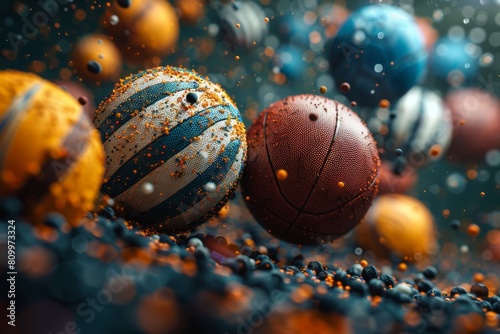 A dynamic display of volleyballs immersed in a sea of vivid particles, highlighting the energy and movement of sports photo