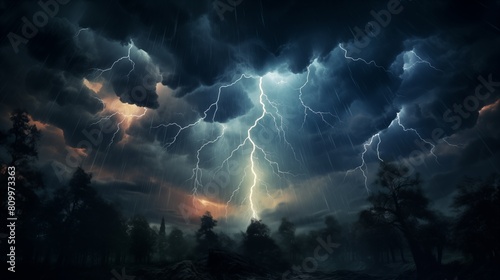 A spectacular lightning storm lighting up the night sky over a forest