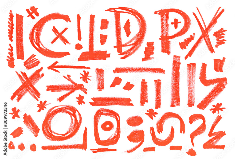 Set grunge scribble geometric shapes and symbols, red marker isolated on white background Set grunge scribble geometric shapes and symbols, red marker isolated on white background