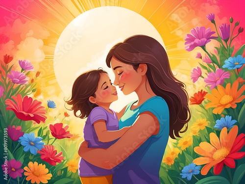 Mother hugging her baby in a field of flowers with sunny. Painting styles for Mother's Day poster with copy space