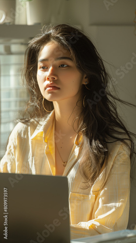 A girl of Asian appearance sits in front of her laptop, office background, daylight. Horizontal image. (ID: 809973597)