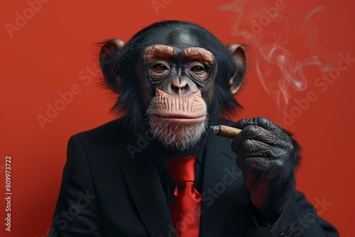 monkey boss in a business suit is smoking a cigar