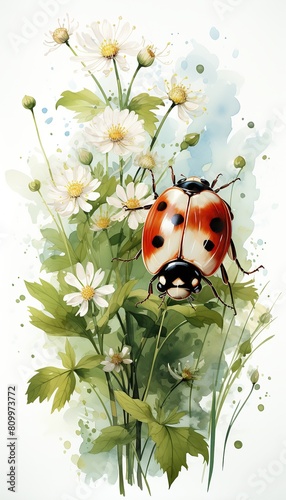 A cute ladybug sitting on a green leaf with spring flowers  Watercolor