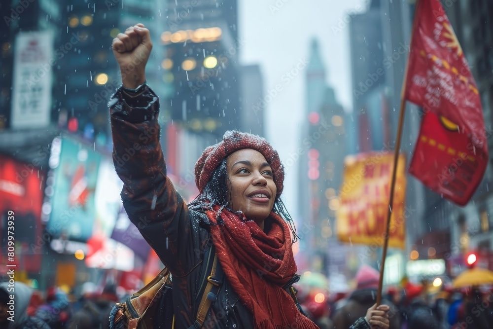 A young woman with a red scarf raises her fist at a protest in a snowy city setting