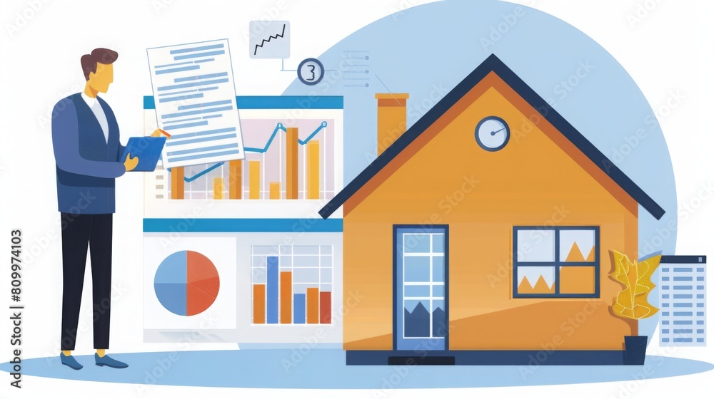 A real estate agent is standing outside a house reviewing market data on a clipboard with infographics around him. A real estate agent is standing outside a house reviewing market data on a clipboard with infographics around him.
