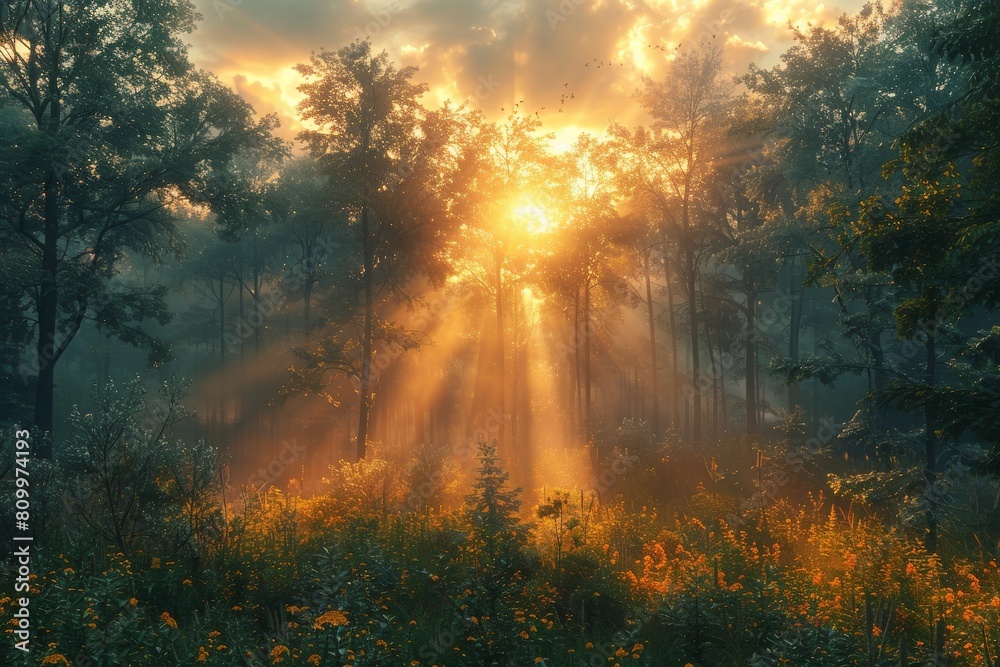 A golden sunrise illuminates a forest with rays of light piercing through the mist and trees, highlighting the natural beauty and serenity of the woods