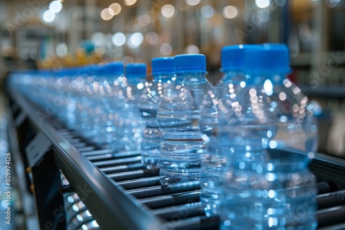 Plastic PET bottles on a conveyor at a drinking water factory