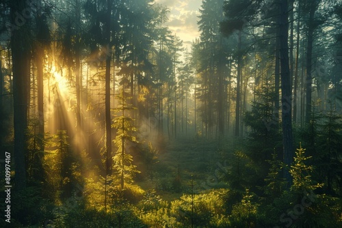 This enchanting image captures the beauty of the sun s rays breaking through the dense foliage of a vibrant green forest  creating a magical atmosphere