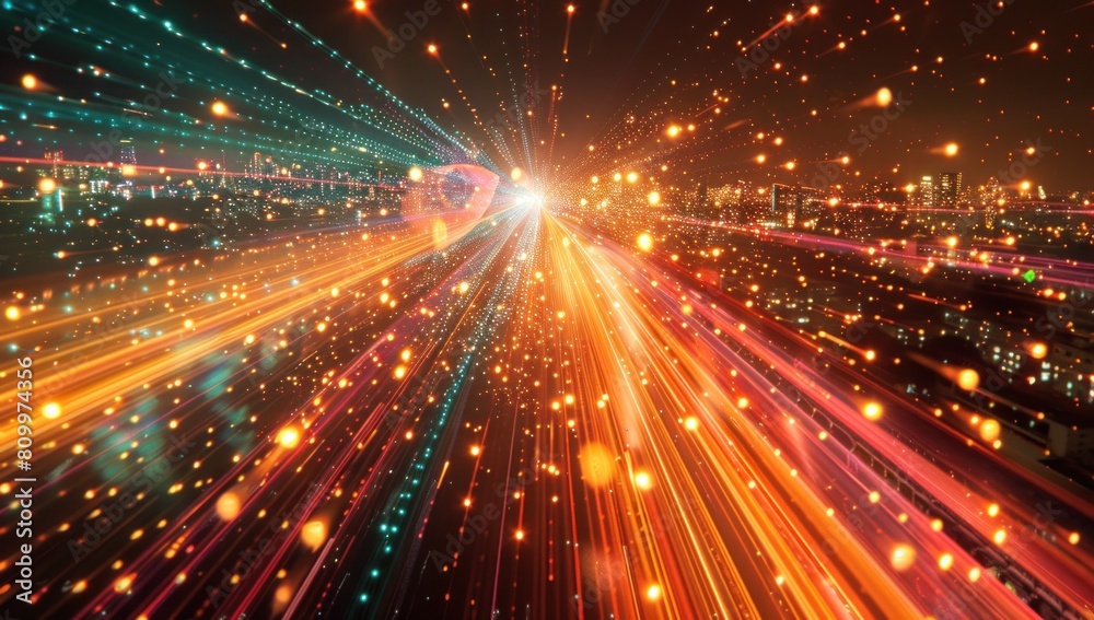 Highlight the speed and efficiency of data transmission with a long-exposure shot of streaming data packets. Highlight the speed and efficiency of data transmission with a long-exposure shot of streaming data packets.