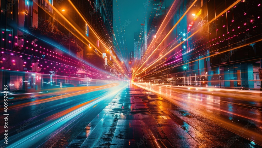 Highlight the speed and efficiency of data transmission with a long-exposure shot of streaming data packets. Highlight the speed and efficiency of data transmission with a long-exposure shot of streaming data packets.